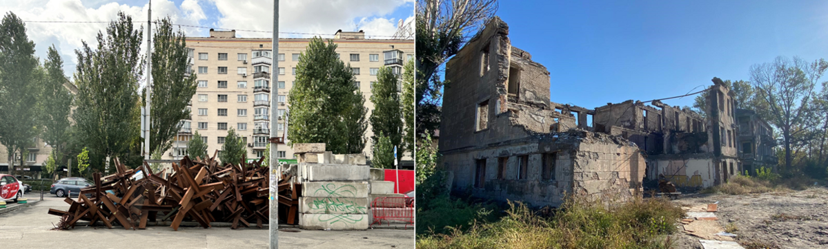 Zniszczony budynek mieszkalny, szpital i barykady