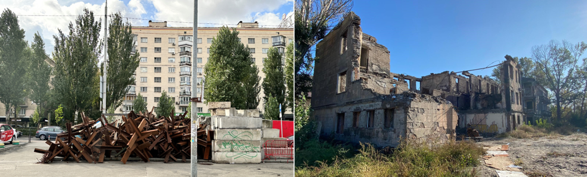 Zerstörtes Wohnhaus und Krankenhaus sowie Barrikaden
