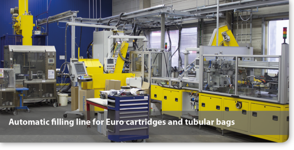 Automatic filling line for Euro cartridges and tubular bags