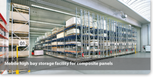Mobile high bay storage facility for composite panels 