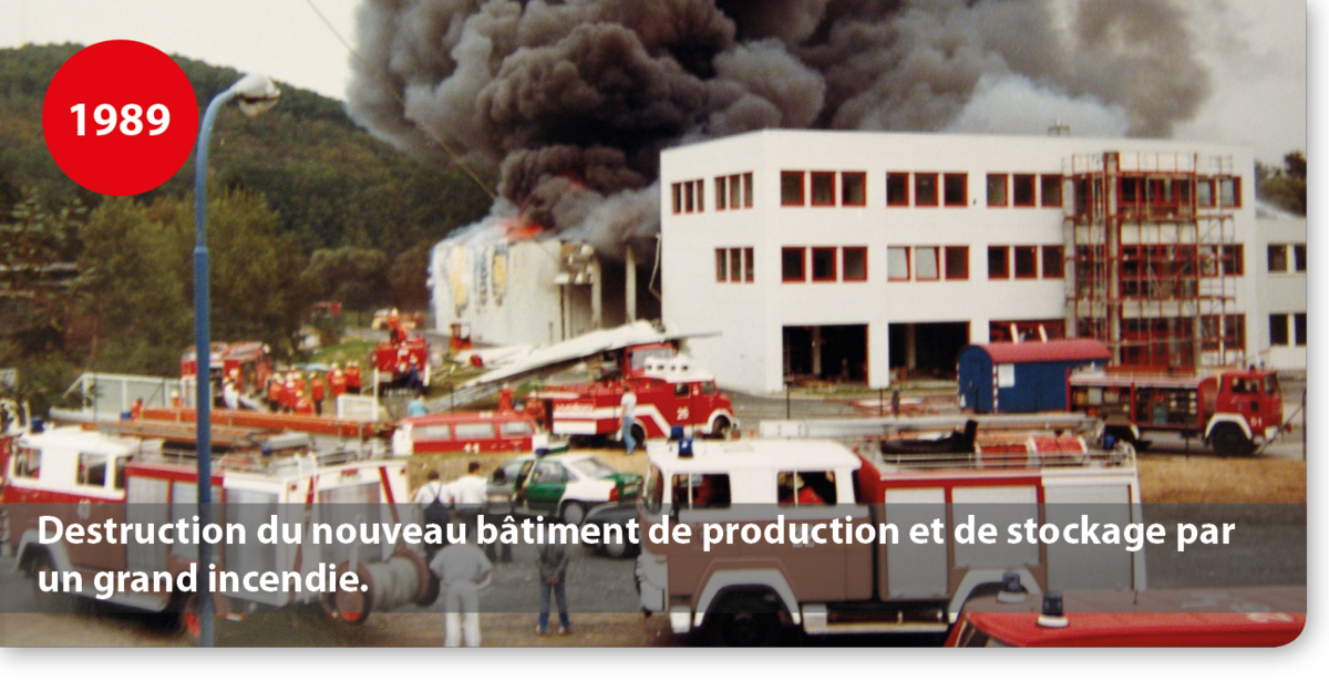 Destruction du nouveau bâtiment de production et de stockage par un grand incendie.