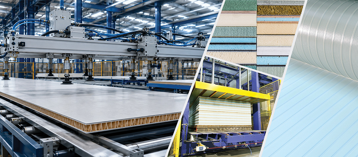 [Translate to English:] Flächenverklebung von Platten und unterschiedlichen Materialien in der industriellen Fertigung