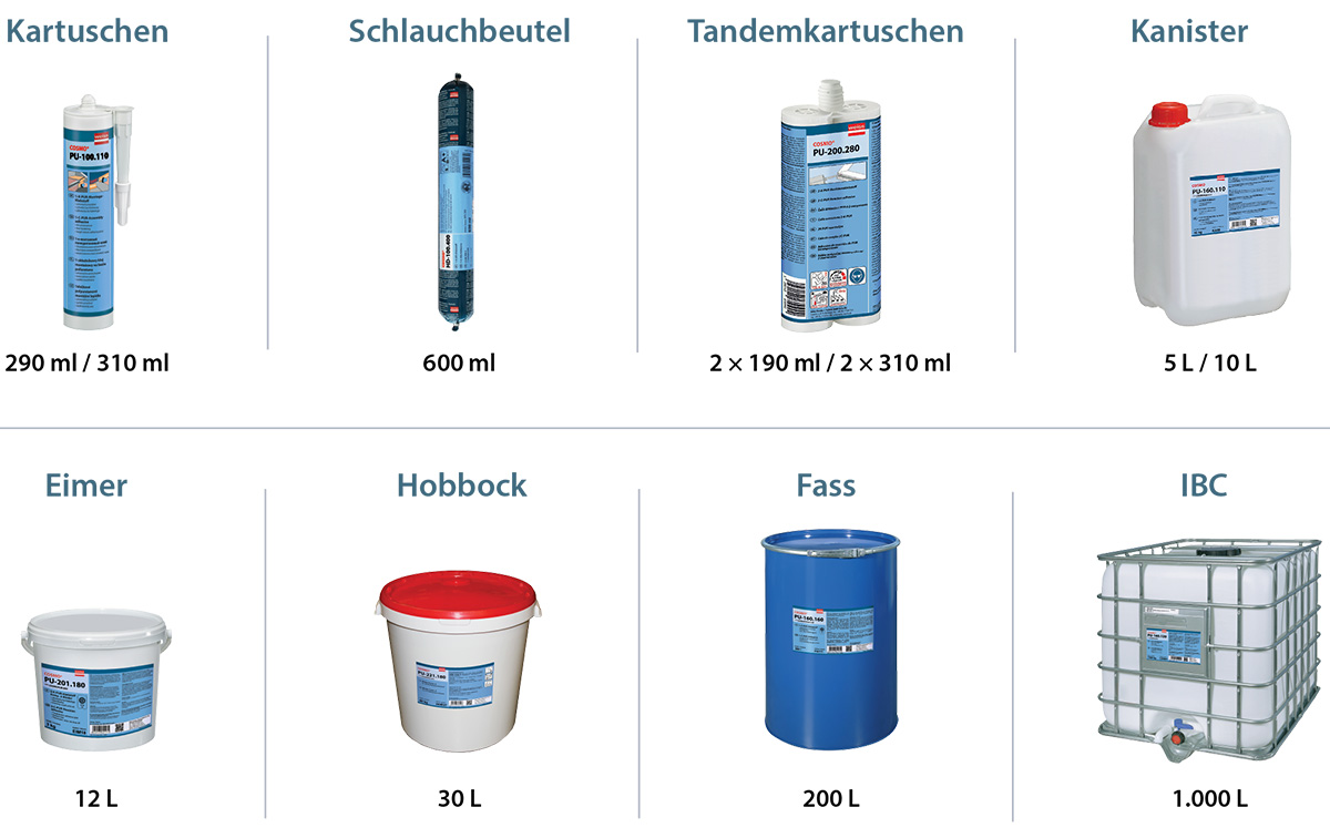 Verschiedene Gebindeformen für industrielle Klebstoffe und Dichtstoffe