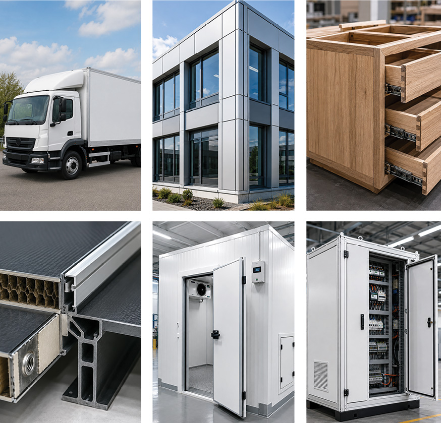 [Translate to English:] Collage konstruktiver Klebeanwendungen in Fahrzeugbau, Fassadenbau, Holzbau, Profiltechnik und Anlagenbau