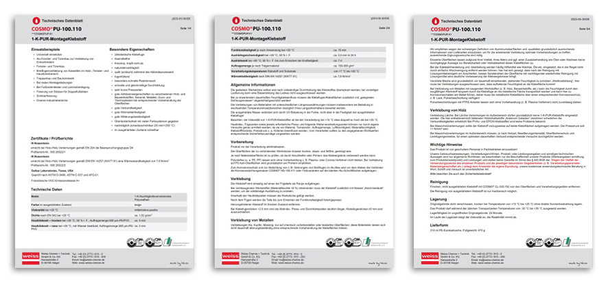 Folhas de dados de adesivos e selantes