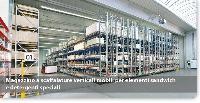 Magazzino a scaffalature verticali mobili per elementi sandwich e detergenti speciali