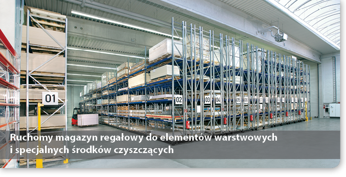 Ruchomy magazyn regałowy do elementów warstwowych i specjalnych środków czyszczących