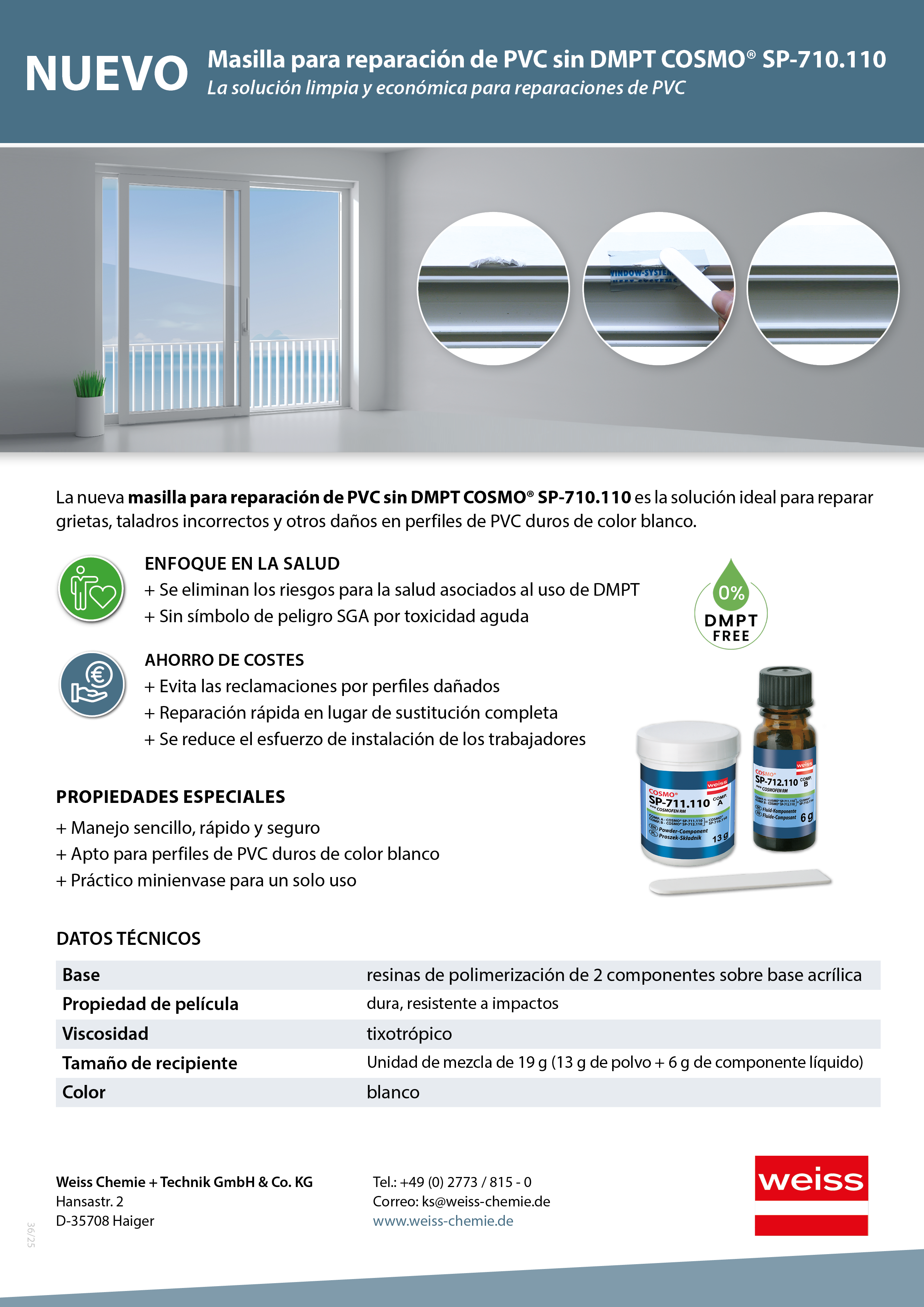 Masilla para reparación de PVC sin DMPT COSMO® SP-710.110